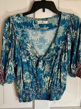 NATURAL LIFE Teal Floral Tie-Front Boho Blouse